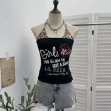 Real Shooting Babes Leopard Print Fake Two Sling Vest With Chest Cushion Hanging Neck Short Top 1592