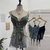 Real-Hand Shot Vintage Babes With Thaired Hairy Denim Sling Vest Short Umbilly Sleeveless Top 2690