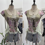 Heavy Industrial Lace Splicing Elastic Print With Bow Short-Sleeved T-Shirt 6185