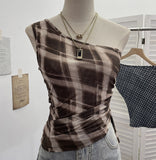 Real-Slender Mesh Slant Shoulder Lattice Sling Sling Waist Strap With Short Shoulderless Sleeveless Top 8075
