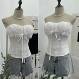 Real-Patting Hottie With Chest Pad Weaving With Bow Mesh Splicing Bra Vest Short Repair Body Dress 9288