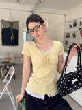 Design-Sensitive White Lace V-Neck Front Shoulder Short-Sleeved T-Shirt For Women's Summer New Slim Design With A Slim Unique Top