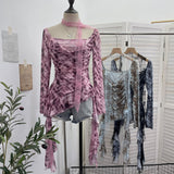 Real Shooting Retro Y2k Hot Tatry Lattice Lattice Mesh Splicing Lace Collar T-Shirt Irregular Ribbon Clothing 8078