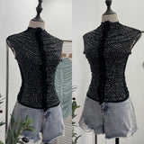 Drilling Sleeveless Vest Wearing Half-High Neck Net Yarn Slime Folded T-Shirt Blouse Female 2589