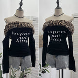 Real Shooting Removable Leopard-Print Hair Collar Shoulder Long-Sleeved T-Shirt Hottie Slim Print Shoulder Thin Velvet Top 1377