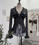 Real Shooting V Tie With Retro 2025 New Hottie Sexy Lace Splicing Pu Leather Hollow Shirt Top 6108