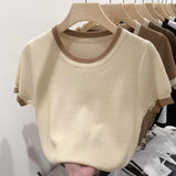 2025 Summer Korean Version Of Knitted Shirt Short Sleeve New Round Collar Bumpy Color Slim Top Women's Style Bottom Shirt
