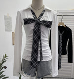 Real Shoot Spice Girls V-Neck Bow Tie With Long-Sleeved T-Shirt Slime Thin Velvet T-Shirt 1387