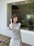 Wood Ear Lace A Word Shoulder Splicing Short-Sleeved T-Shirt Women's Summer Han Design Feel Waist Repair Uniform