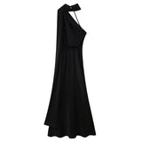 2025 Autumn New Women's Fashion Simple Ribbon Hanging Neck-Laught Dress