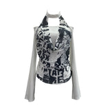 Real Shooting Hottie Letter Print Mesh Collar Splicing Neck One-Word Shoulder Long-Sleeved T-Shirt Short Top 2780