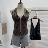 Real Shoot Babes Hanging Neck Deep V Sexy With Chest Pad Pu Sling Sling Zip Open Shirt Woman 8130