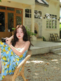 Seaside Dopamine Holiday Dress Blue Lemon Print Sling Dress Women Summer Beach Atmosphere Long Dress