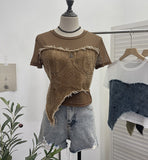Solid Shooting Denim Splicing Mesh Yarn Short-Sleeved T-Shirt Summer Dress Irregularly Short High-Waist Repair Body Coat 26171