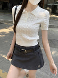 Vintage College Style Polo Collar Button Shoulder Sesame Short-Sleeved T-Shirt Women's Summer Age Repair Short-Term Collar Top