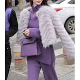 Purple High-Collar Knitted Casual Sports Suit Women's Autumn And Winter New Thick Loose Sweater Broad Leg Pants Two Sets Of Tide