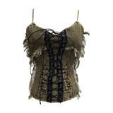 Real Shooting Do The Old Fur Side Of The Denim Splicing Pu Skin Lace Sling Vest Short Without Sleeve Top 618