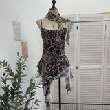 Leopard-Print Spliced Lace Ribbon Hanging Neck Irregular Sling Vest Sleeveless Top 1852
