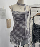 Real Shooting Round Neck Fluttering Dye Printing Irregular Lotus Leaf Side Mesh Slings Slings Sleeveless Top 1218