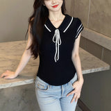College Summer New Striped Tiling With Short-Sleeved Design Bow Sweet Age-Sleeved Knitting Top