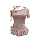 Real Shooting Pop Point Tie With Hanging Neck Slanted Shoulder Short Sleeve Blouse With Elastic Short T-Shirt Girl 2850