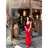 French Pure Desire Sister Wind V Tie Dress Women Summer Seaside Vacation Hip Sexy Red Temperament Dress