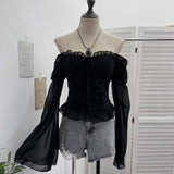 Real Shot Bow Strap Design Sense Shoulder Long Sleeve Chopped Sleeves Wreavage Horn Cuffed Chest Cushion Top 9639