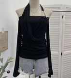 Real Shooting Hottie Shoulder Bead Hanging Neck Cross-Neck Wrinkles Two Long-Sleeved Tops To Repair T-Shirt 2861