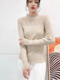 Half-High Collar Lace Sweater Lady Knitted Knitted Autumn And Winter New Blouse Fashion Bottom Shirt