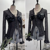 Real Shooting V Tie With Retro 2025 New Hottie Sexy Lace Splicing Pu Leather Hollow Shirt Top 6108