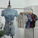 Real Shooting Retro Tie-Dye Double-Layer Mesh Half-High-Neck Short-Sleeved T-Shirt T-Shirt Short-Sleeved T-Shirted Woman 8833