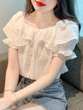 French Temperament Lotus Leaf Blouse Women 2026 Summer Design Chic Drawstring Shirt Niche Bubble Sleeve Chiffon Shirt
