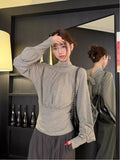 Design-Sensitive Gray Half-Necked Long-Sleeved T-Shirt Blouse Women's Spring 2026 New Korean Linen Shirt