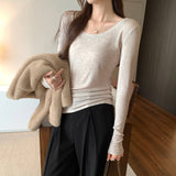 Lyselle Silk Wool Apricots U-Neck Long-Sleeved T-Shirt For Women In The Fall Of 2025
