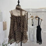 Real Shooting Low-Breasted U-Neck Sexy Outside Wearing Leopard-Print Sling Vest Ribbon Lotus Leaf Side Loose Sleeveless Topess Female 9333