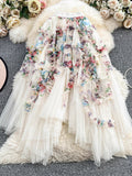 2025 New Design Sweet Floral Cake Skirt Half-Body Dress Women High Waist Thin Irregular Mesh Fairy Dress