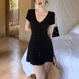 South Korea Dongdaefang Fashion V-Neck Solid Color Single Buckle Set Slim Sexy Knitted Dress