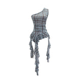 Real Shooting Retro Lattice Hot Diamond Slant Shoulder Vest Summer Irregular Net Yarn Side Hottie Sleeveless Top 8157
