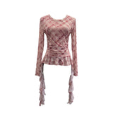 Double-Layer Mesh Lattice Waist Fold Irregular Hem With Long-Sleeved Top Repair T-Shirt 15671