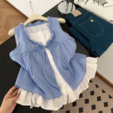 Lace Splicing Fake Two Plaid Sleeveless Vest Shirt Women Summer Lotus Edge Bow Tied With Loose Top
