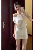 Super Nice Beautiful White Knitted Shoulder Short Sleeve Dress Gentle Korean Temperament Pocket Ass Short Skirt