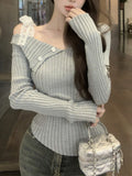 Pure-Style Sexy Design Sense Of Irregular Long-Sleeved T-Shirt Slanted Shoulder Slimming Niche Unique Knitted Shirt Top