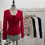 Fake Two-Piece Squint Hanging Neck Tie Long Sleeves Jersey Hottie Tops Body Folded T-Shirt 2829