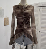 Real Shooting Hot Girl Horn Sleeve Net Yarn Bottom Shirt Girl Body Waste Wind Irregular Ribbon Long-Sleeved Top 2708