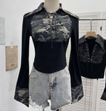 Real Shoot Babes Camouflage Splicing Polo Collar Shirt With Hollow Design Sense Short Long-Sleeved Top 1360
