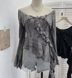 Design-Sensitive Hole Irregular Lotus Side Ribbon Shoulder Horn Long-Sleeved Top T-Shirt 9261