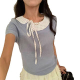 Korean Casual Fashion Doll-Necked Short-Sleeved T-Shirt Women 2026 Spring New Splicing Design Knitting Top