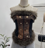 Real-Patted Leather Bra Waist Waist Coat Hair Spliced Pu Leather Slings To Collect Waist Thin Short Sleeveless Top 2996