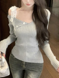 Pure-Style Sexy Design Sense Of Irregular Long-Sleeved T-Shirt Slanted Shoulder Slimming Niche Unique Knitted Shirt Top