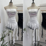 Net Yarn Printing Braid Small Sling Vest Female Niche Design Ribbon Lotus Leaf Edge Sleeveless Top 1228